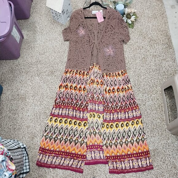 Handmade Jackets & Blazers - 3531 Size M/L Upcycled Sweater Duster in Brown And Orange with Appliqued Flowers